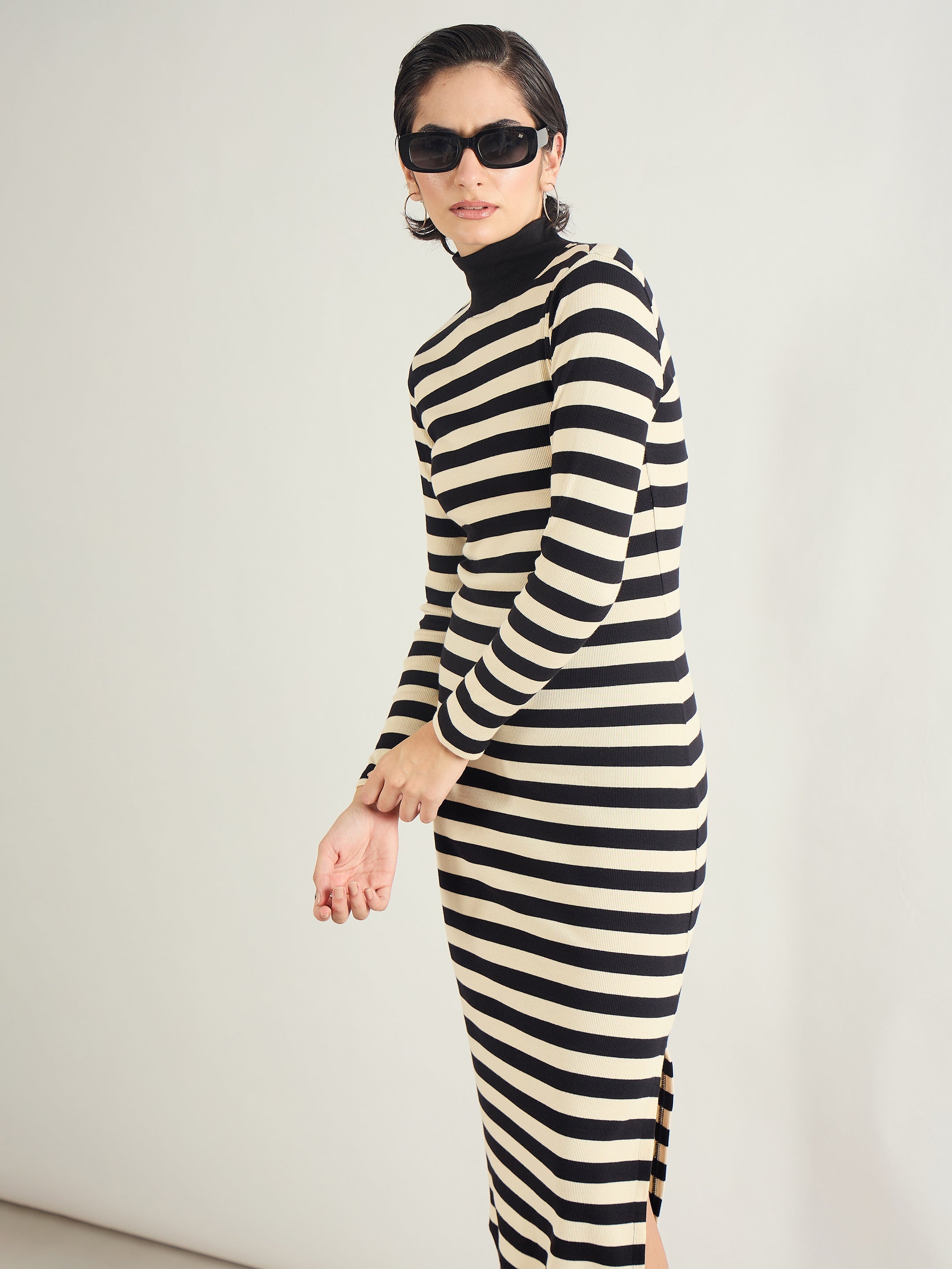 Women Black & Off-White Striped High Neck Midi Dress-SFDRSS13287