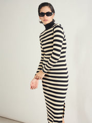 Women Black & Off-White Striped High Neck Midi Dress-SFDRSS13287