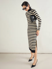 Women Black & Off-White Striped High Neck Midi Dress-SFDRSS13287