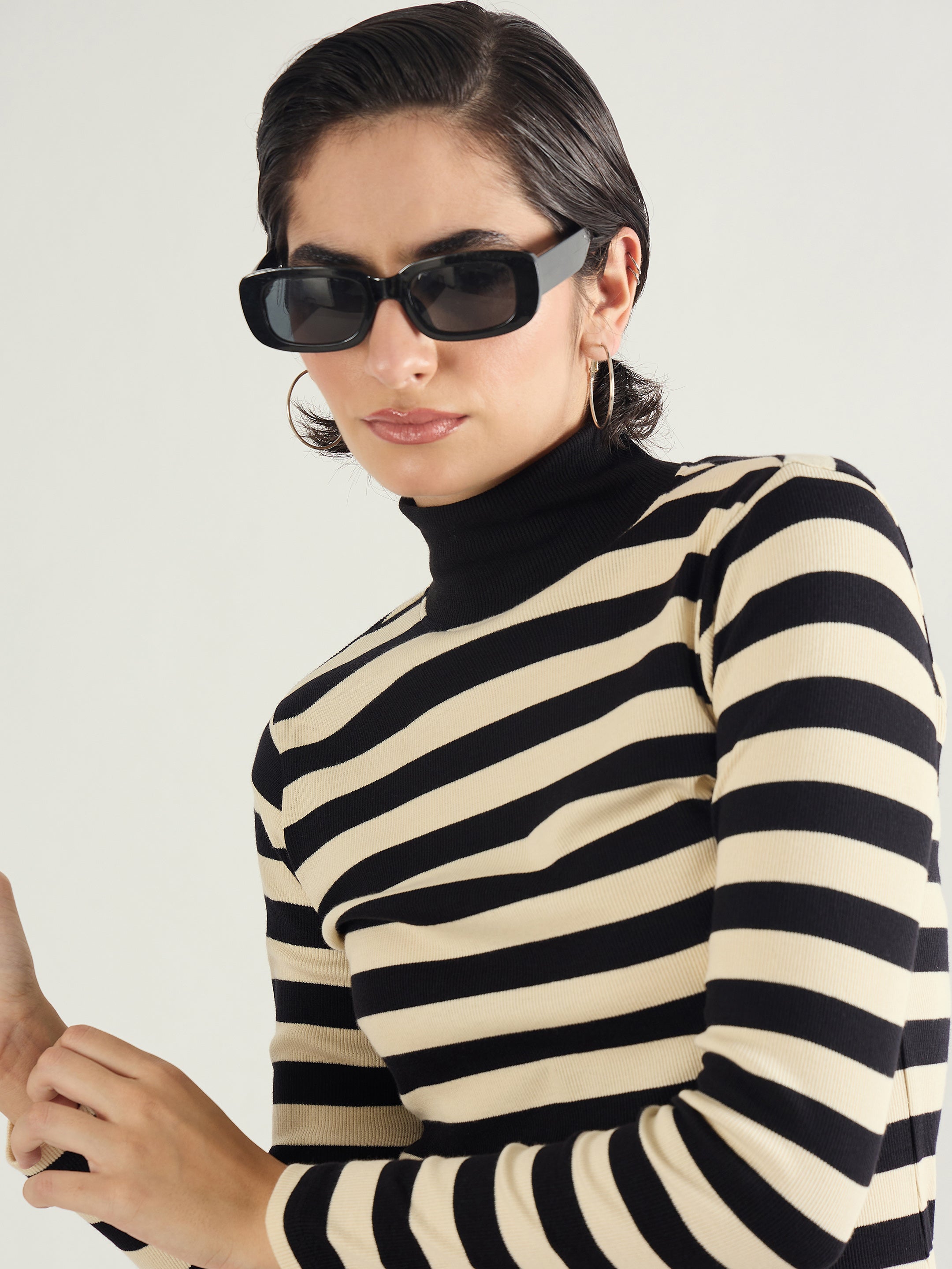 Women Black & Off-White Striped High Neck Midi Dress-SFDRSS13287