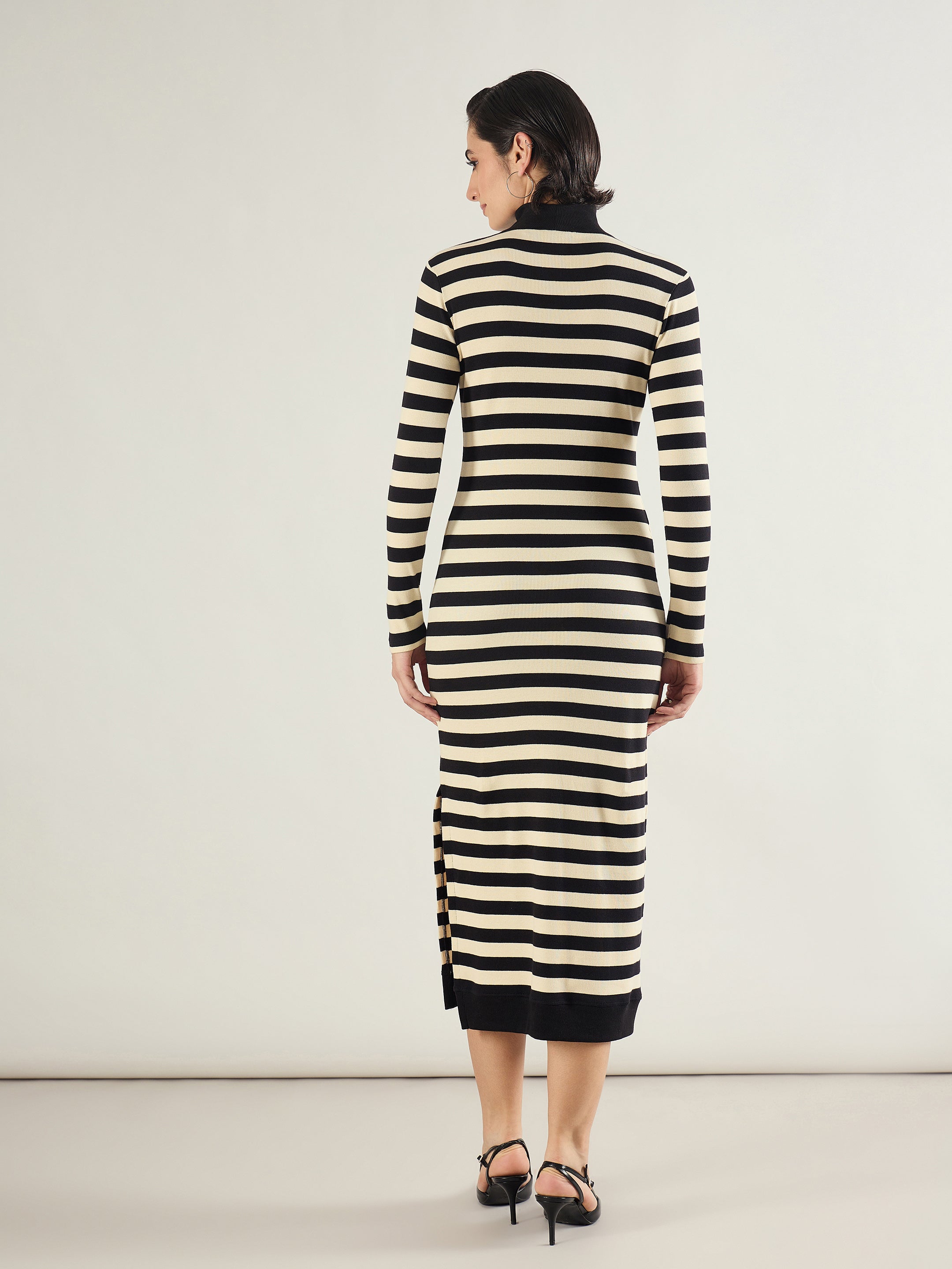Women Black & Off-White Striped High Neck Midi Dress-SFDRSS13287