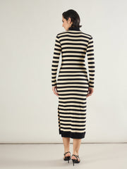 Women Black & Off-White Striped High Neck Midi Dress-SFDRSS13287