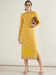 Women Brown & Yellow Striped High Neck Midi Dress-SFDRSS13288