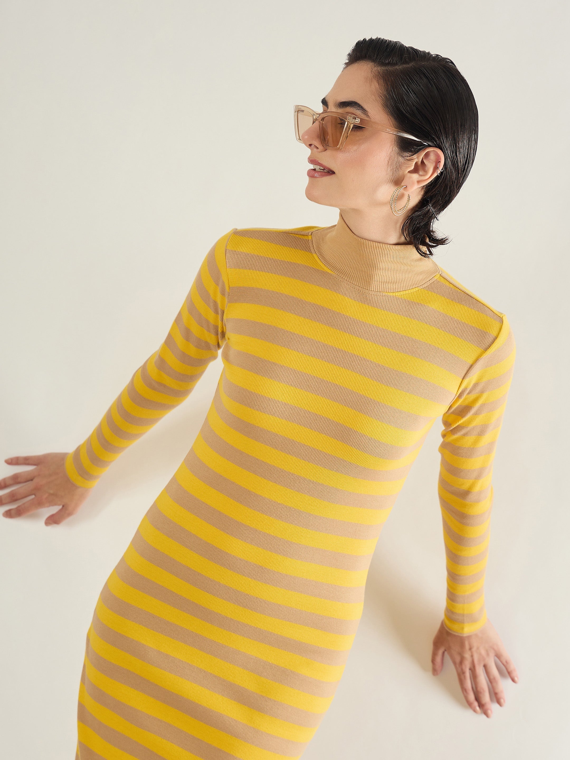 Women Brown & Yellow Striped High Neck Midi Dress-SFDRSS13288