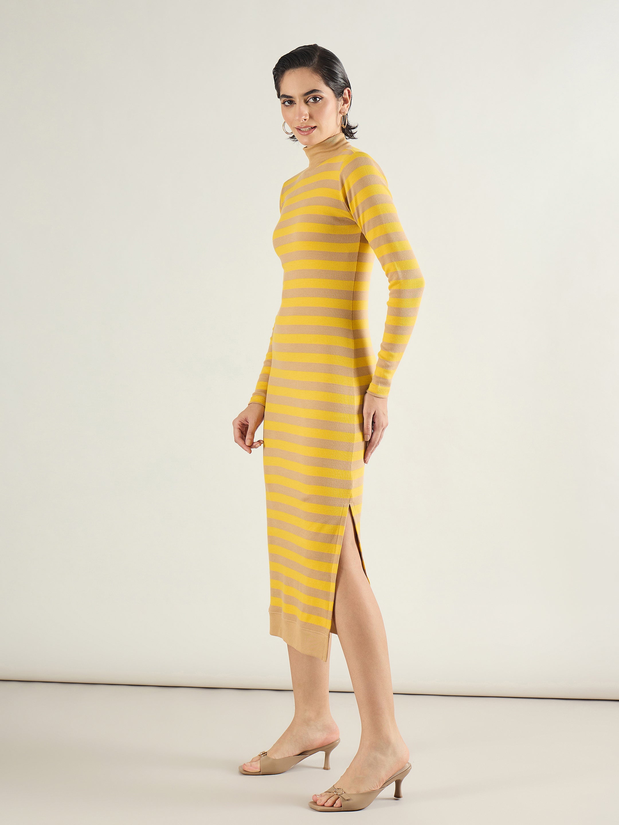 Women Brown & Yellow Striped High Neck Midi Dress-SFDRSS13288