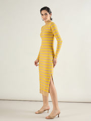Women Brown & Yellow Striped High Neck Midi Dress-SFDRSS13288