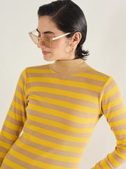Women Brown & Yellow Striped High Neck Midi Dress-SFDRSS13288