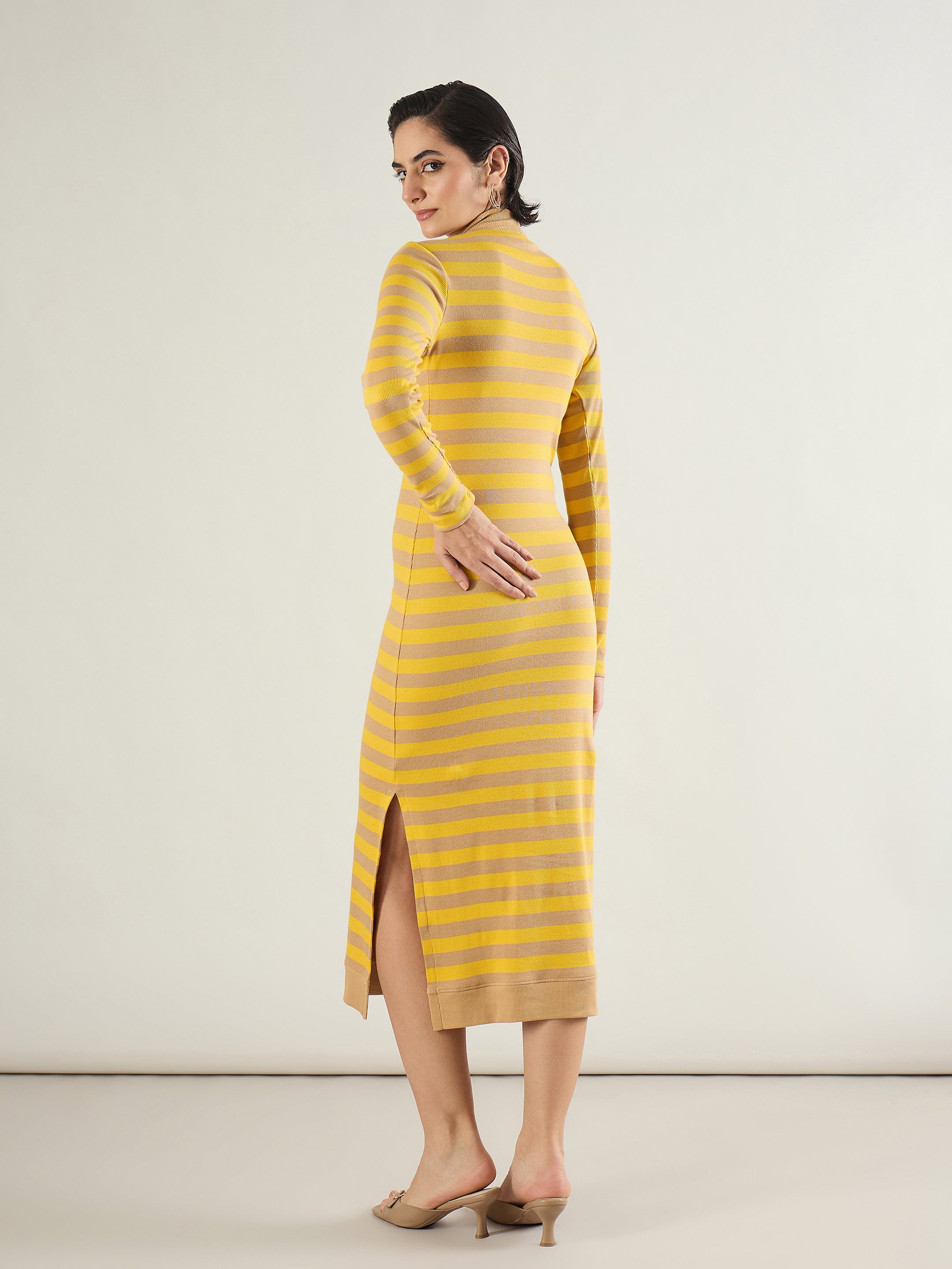 Women Brown & Yellow Striped High Neck Midi Dress-SFDRSS13288