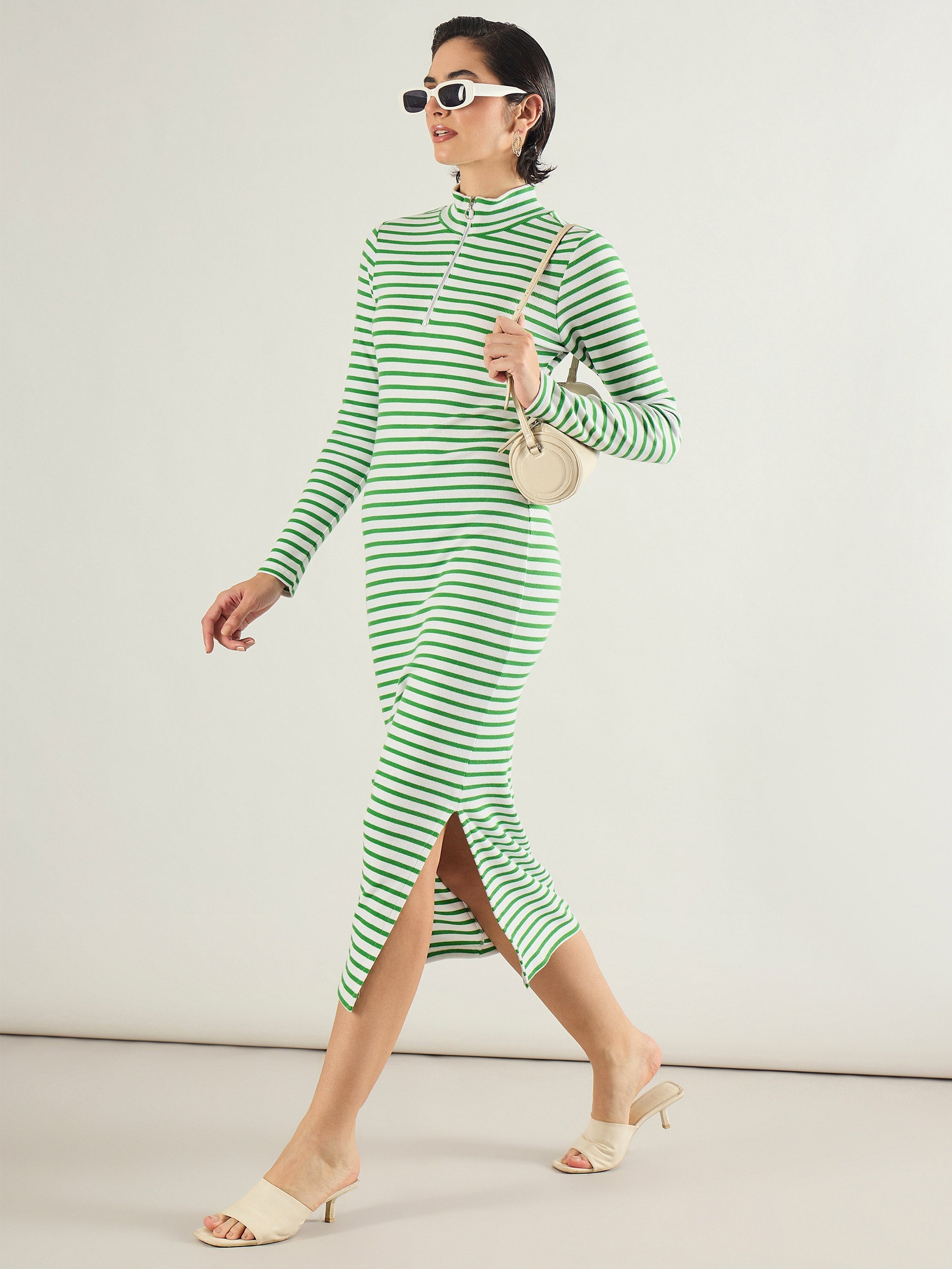Women Green & White Rib High Neck Front Zipper Dress-SFDRSS13289