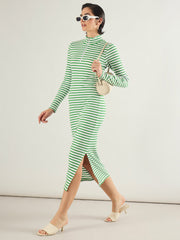Women Green & White Rib High Neck Front Zipper Dress-SFDRSS13289