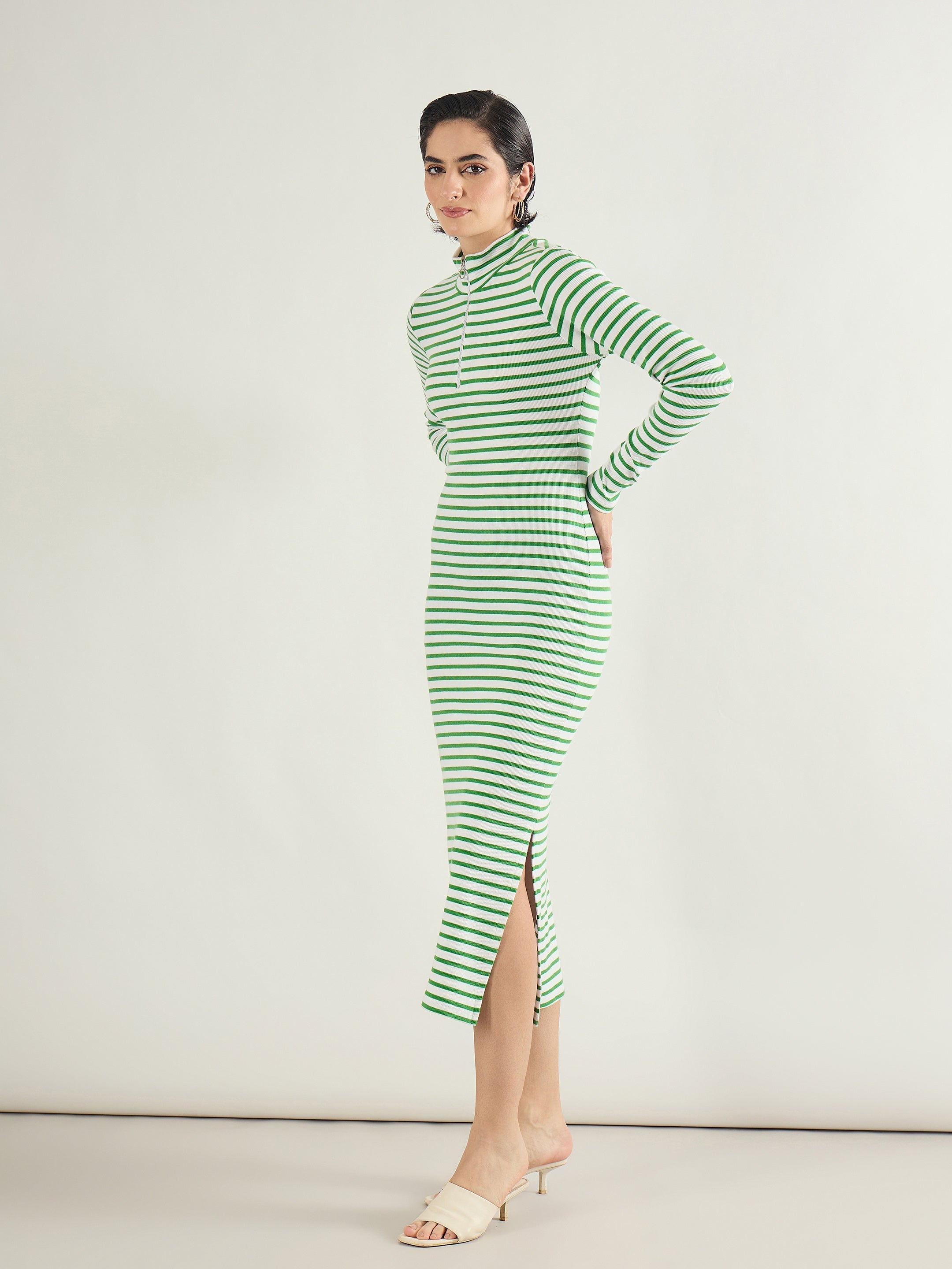 Women Green & White Rib High Neck Front Zipper Dress-SFDRSS13289