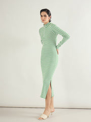 Women Green & White Rib High Neck Front Zipper Dress-SFDRSS13289