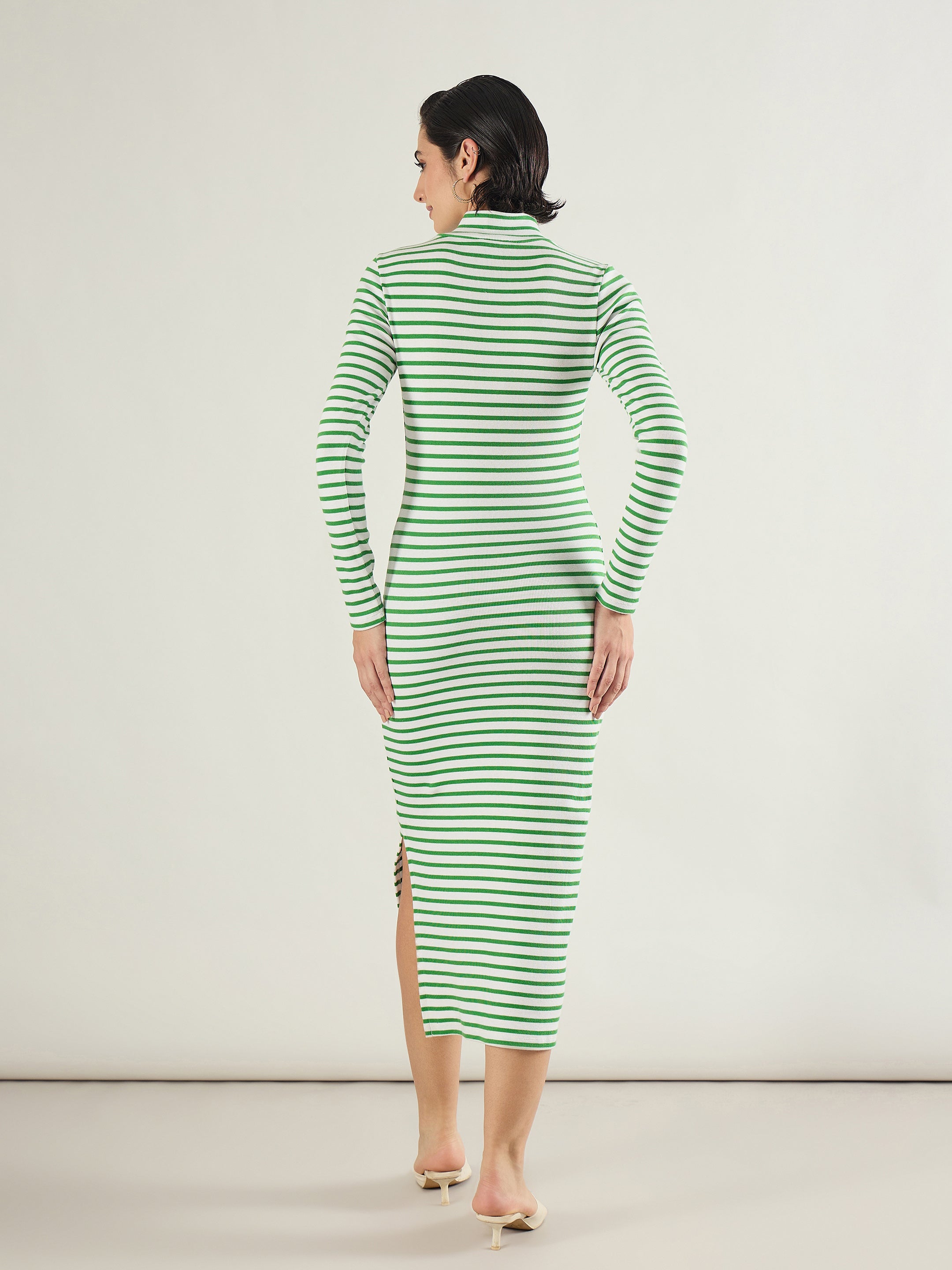 Women Green & White Rib High Neck Front Zipper Dress-SFDRSS13289