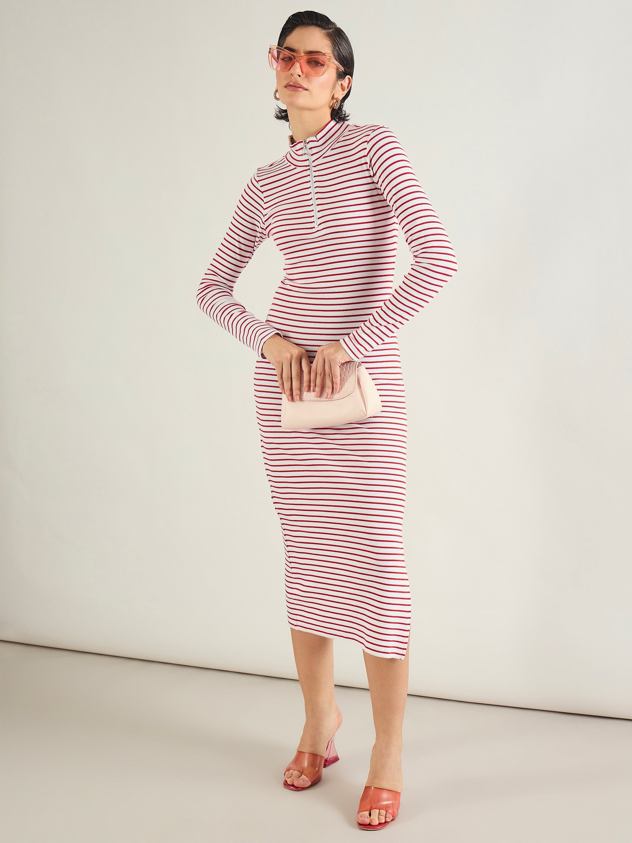Women Red & White Rib High Neck Front Zipper Dress-SFDRSS13290