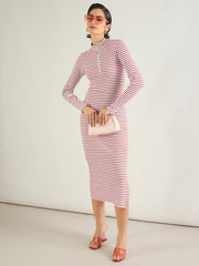 Women Red & White Rib High Neck Front Zipper Dress-SFDRSS13290