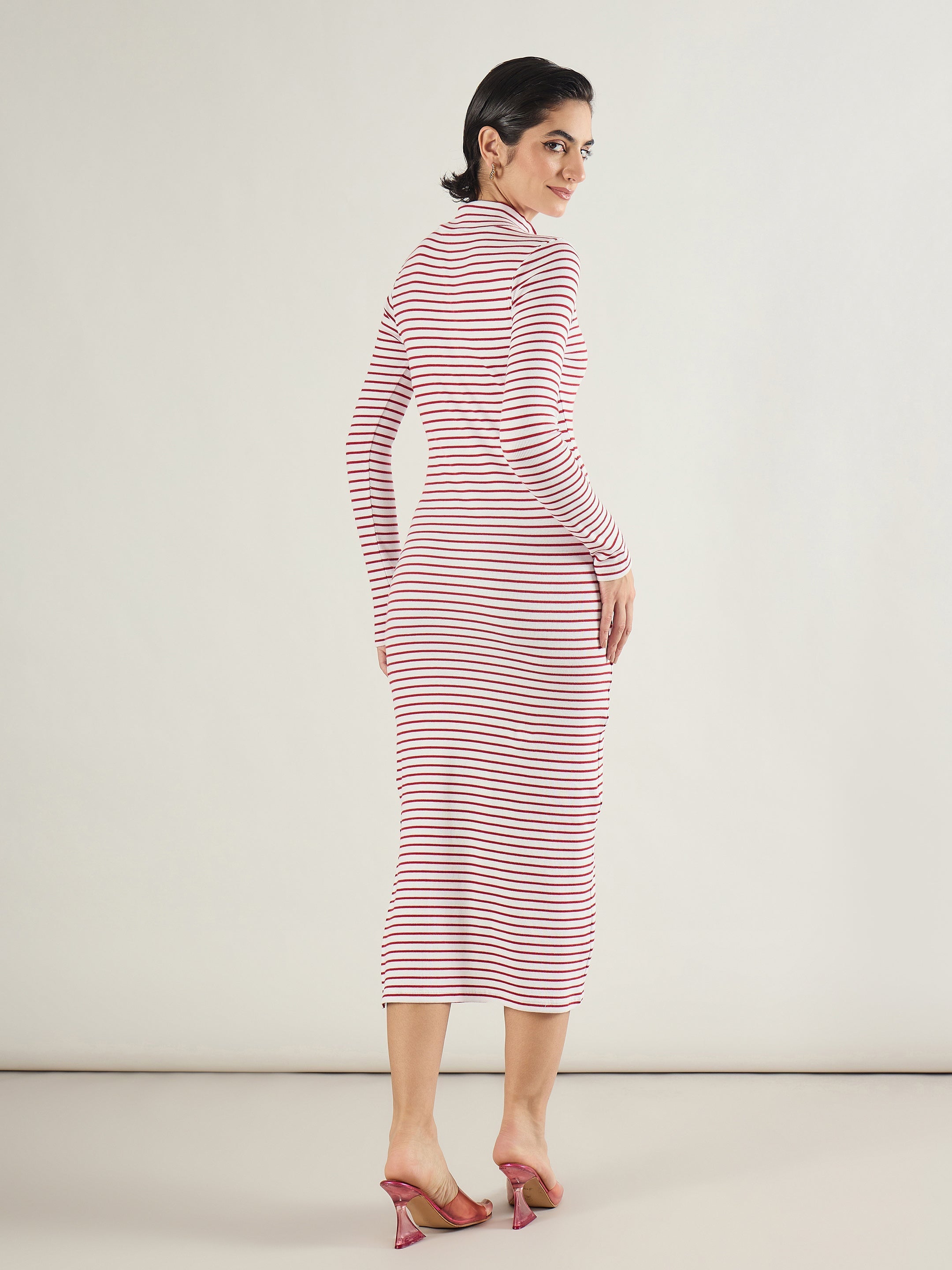 Women Red & White Rib High Neck Front Zipper Dress-SFDRSS13290