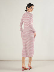 Women Red & White Rib High Neck Front Zipper Dress-SFDRSS13290