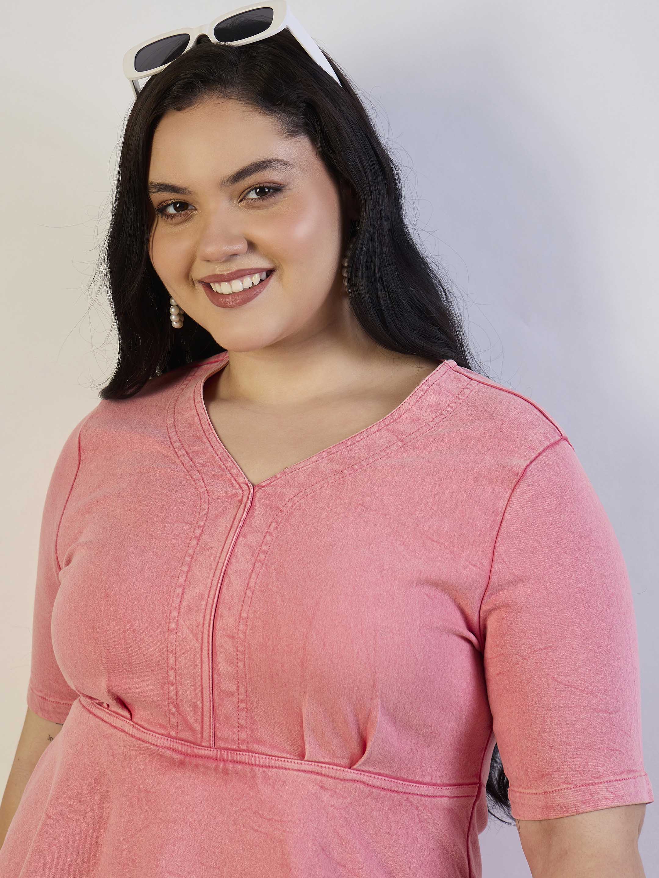 Women Pink Wash Denim V-Neck Peplum Dress-SFDRSS13291