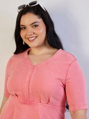Women Pink Wash Denim V-Neck Peplum Dress-SFDRSS13291