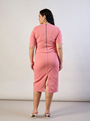 Women Pink Wash Denim V-Neck Peplum Dress-SFDRSS13291
