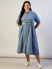 Women Ice Blue Tencel Front Button Midi Dress-SFDRSS13292