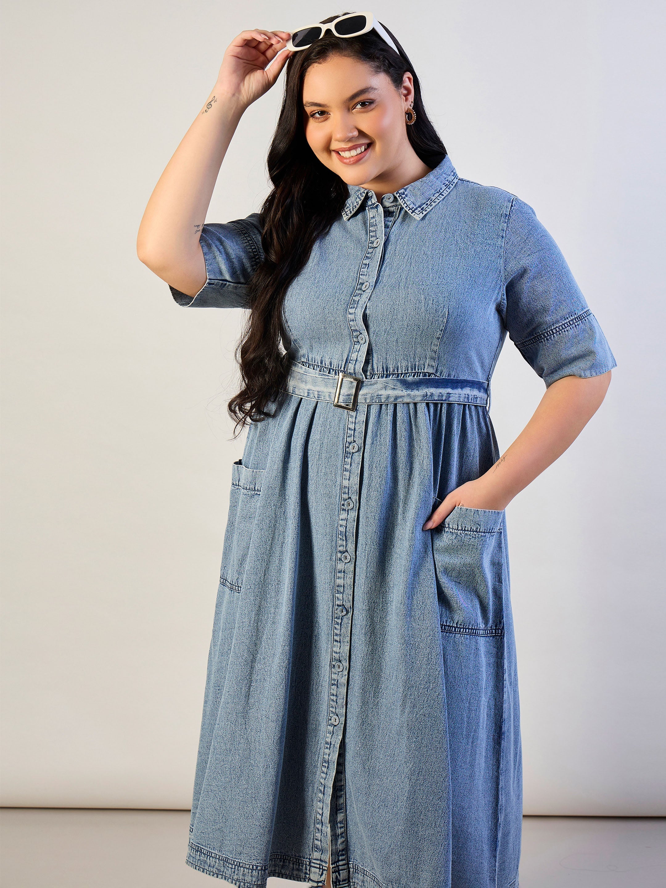 Women Ice Blue Tencel Front Button Midi Dress-SFDRSS13292