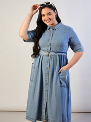 Women Ice Blue Tencel Front Button Midi Dress-SFDRSS13292