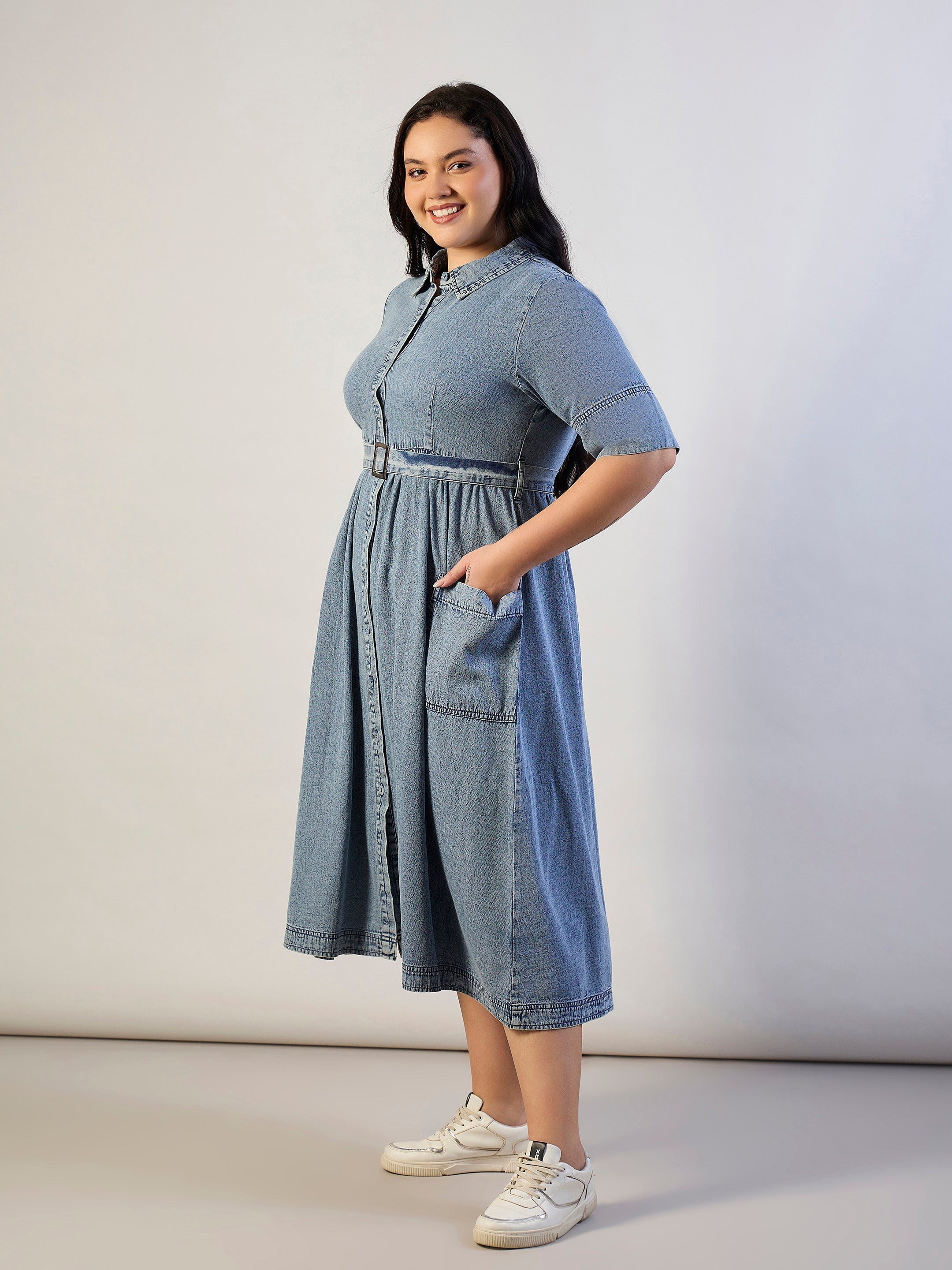 Women Ice Blue Tencel Front Button Midi Dress-SFDRSS13292