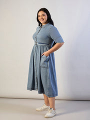 Women Ice Blue Tencel Front Button Midi Dress-SFDRSS13292