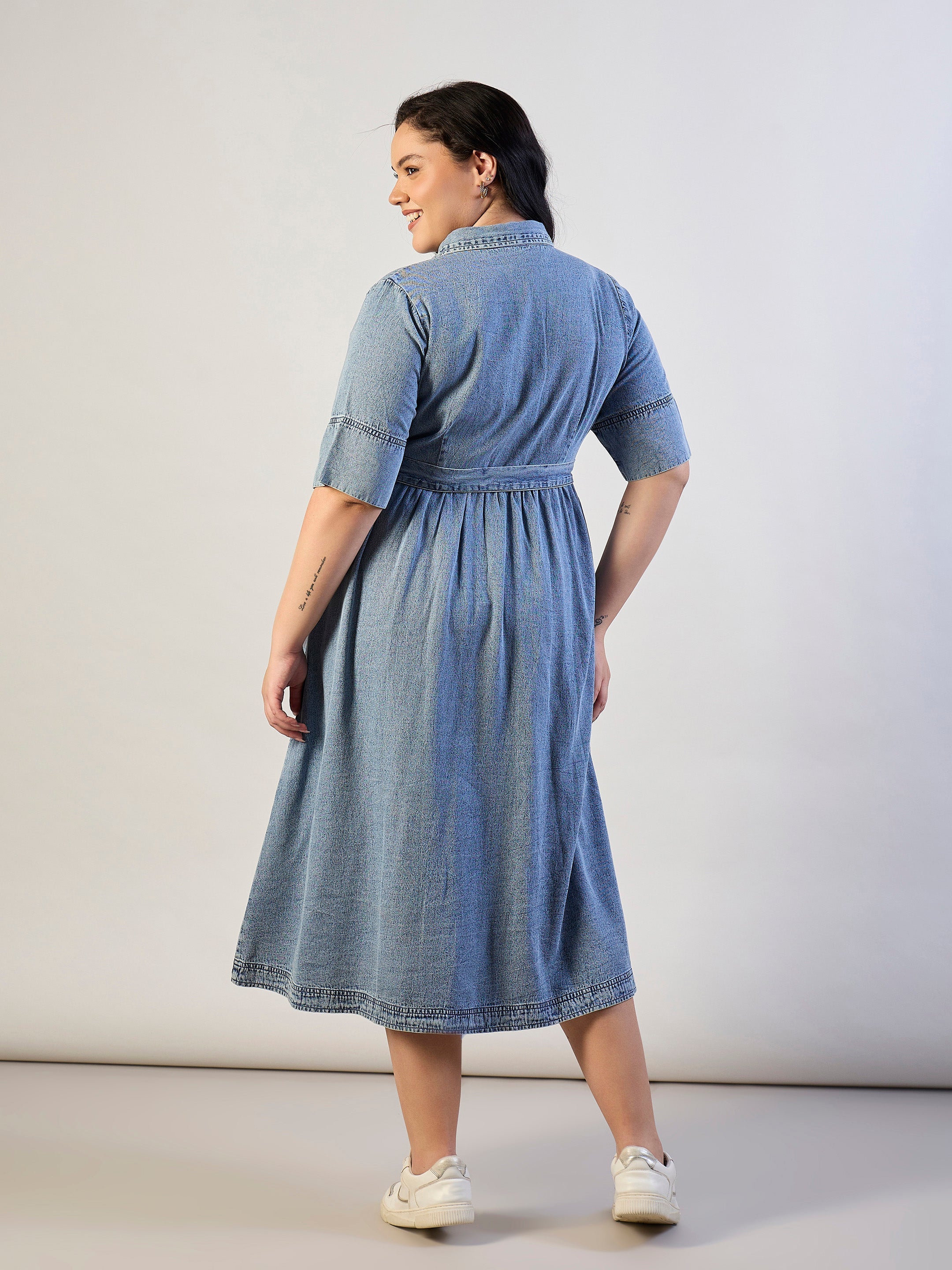 Women Ice Blue Tencel Front Button Midi Dress-SFDRSS13292