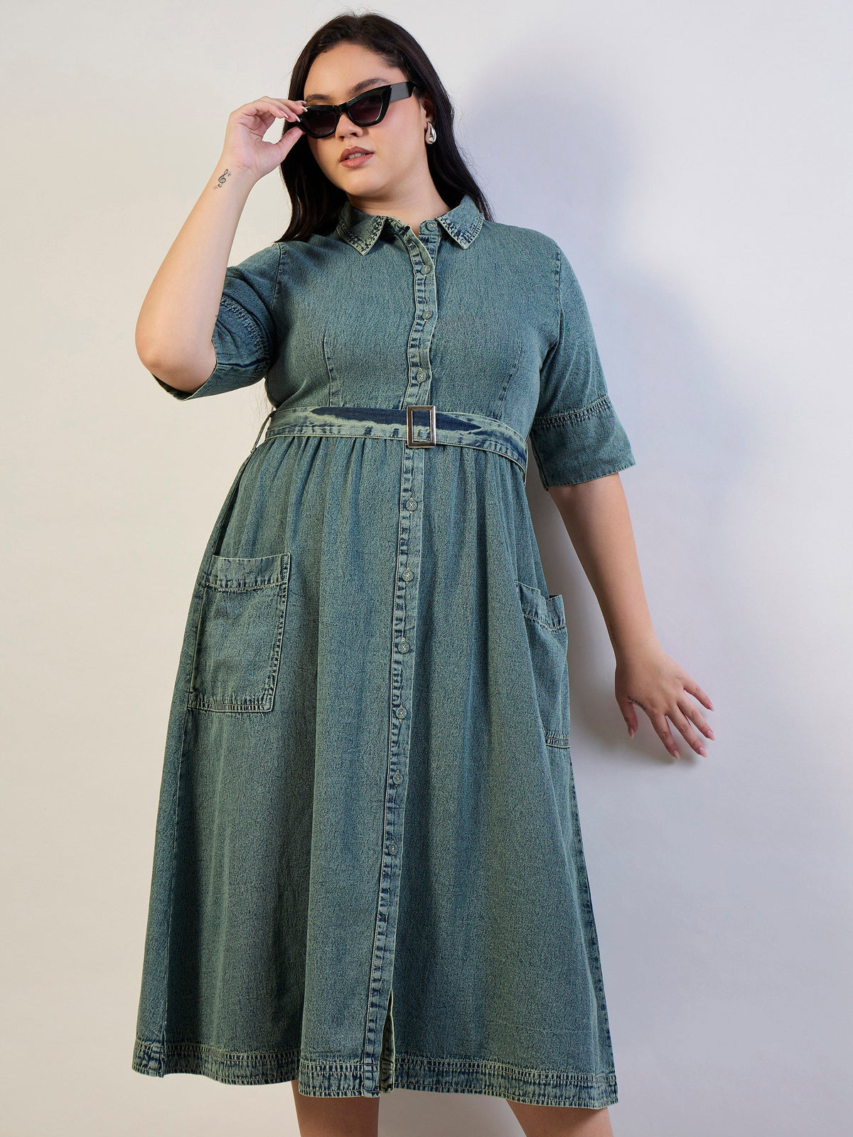 Women Olive Tencel Front Button Midi Dress-SFDRSS13293