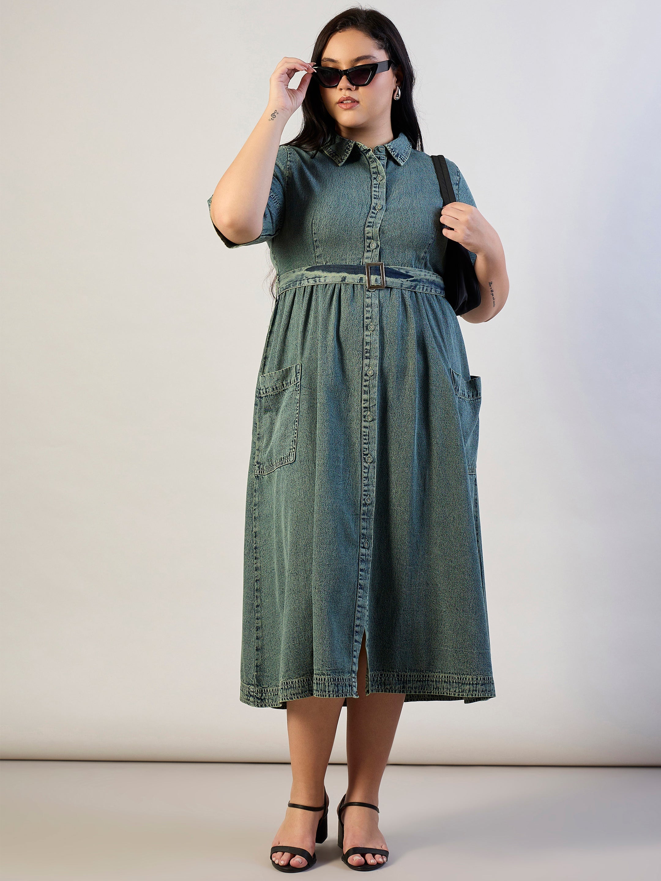 Women Olive Tencel Front Button Midi Dress-SFDRSS13293