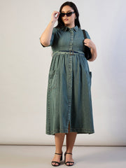 Women Olive Tencel Front Button Midi Dress-SFDRSS13293