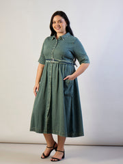 Women Olive Tencel Front Button Midi Dress-SFDRSS13293