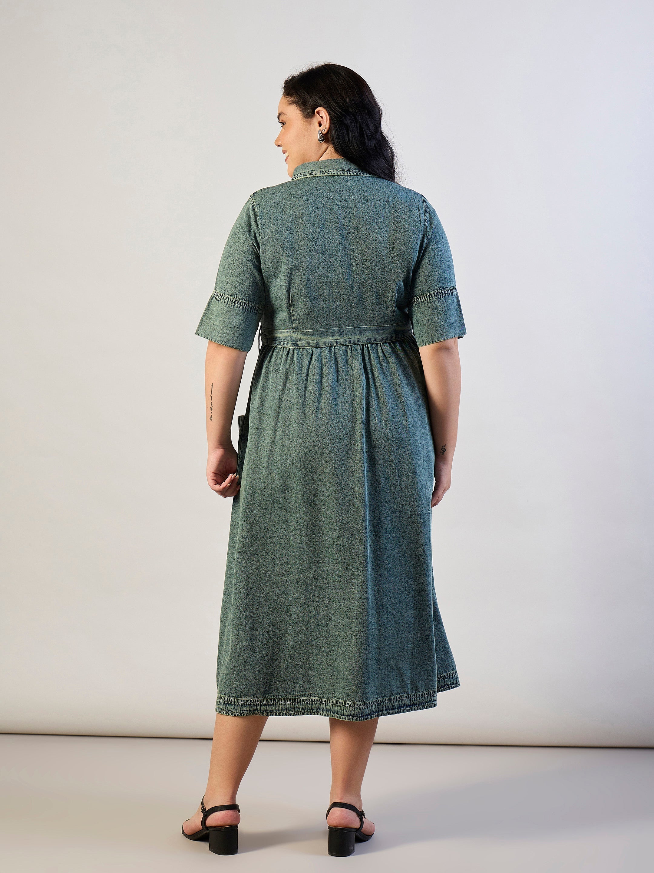 Women Olive Tencel Front Button Midi Dress-SFDRSS13293