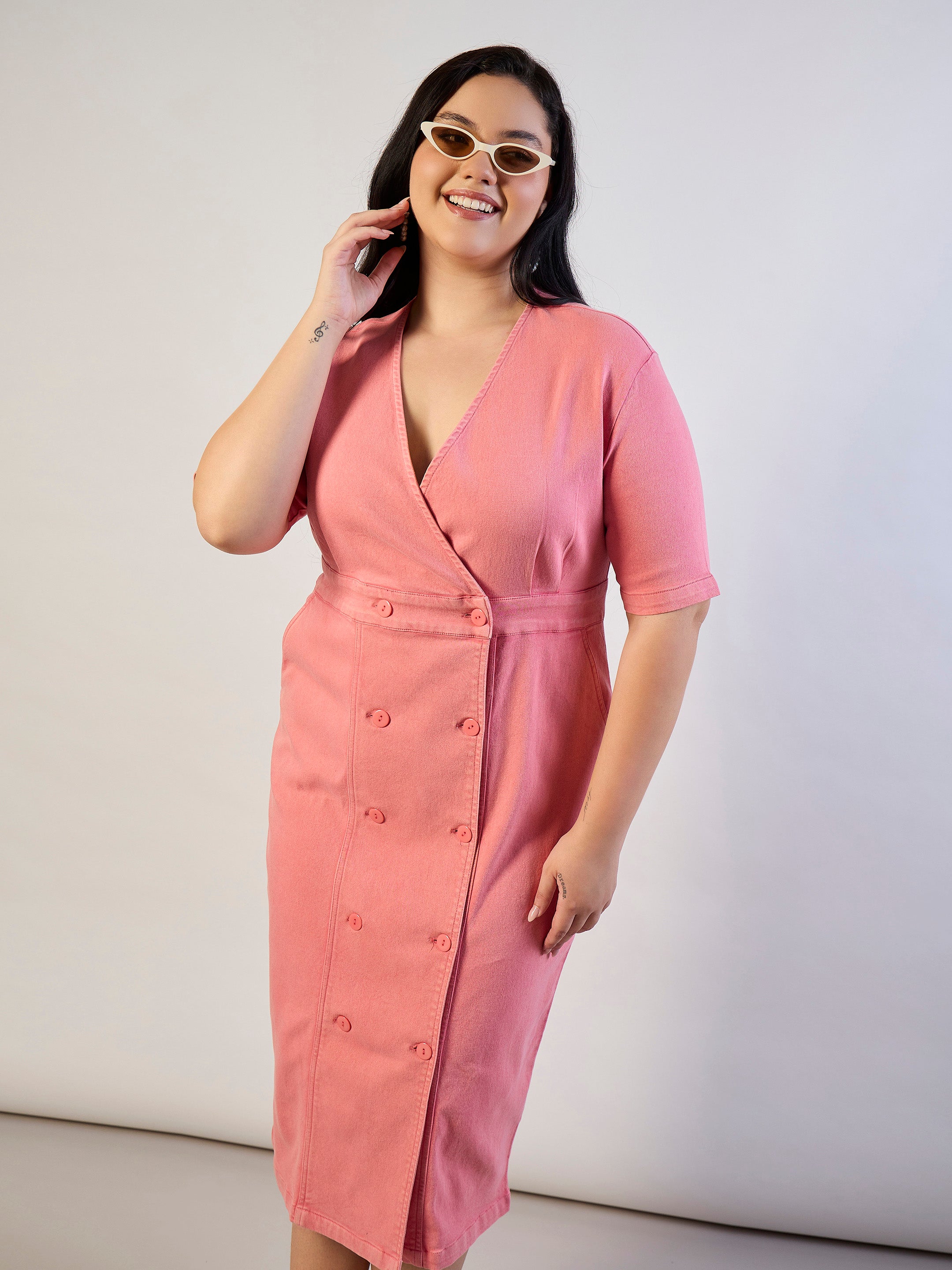 Women Pink Denim Wrap Neck Midi Dress-SFDRSS13294
