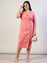 Women Pink Denim Wrap Neck Midi Dress-SFDRSS13294