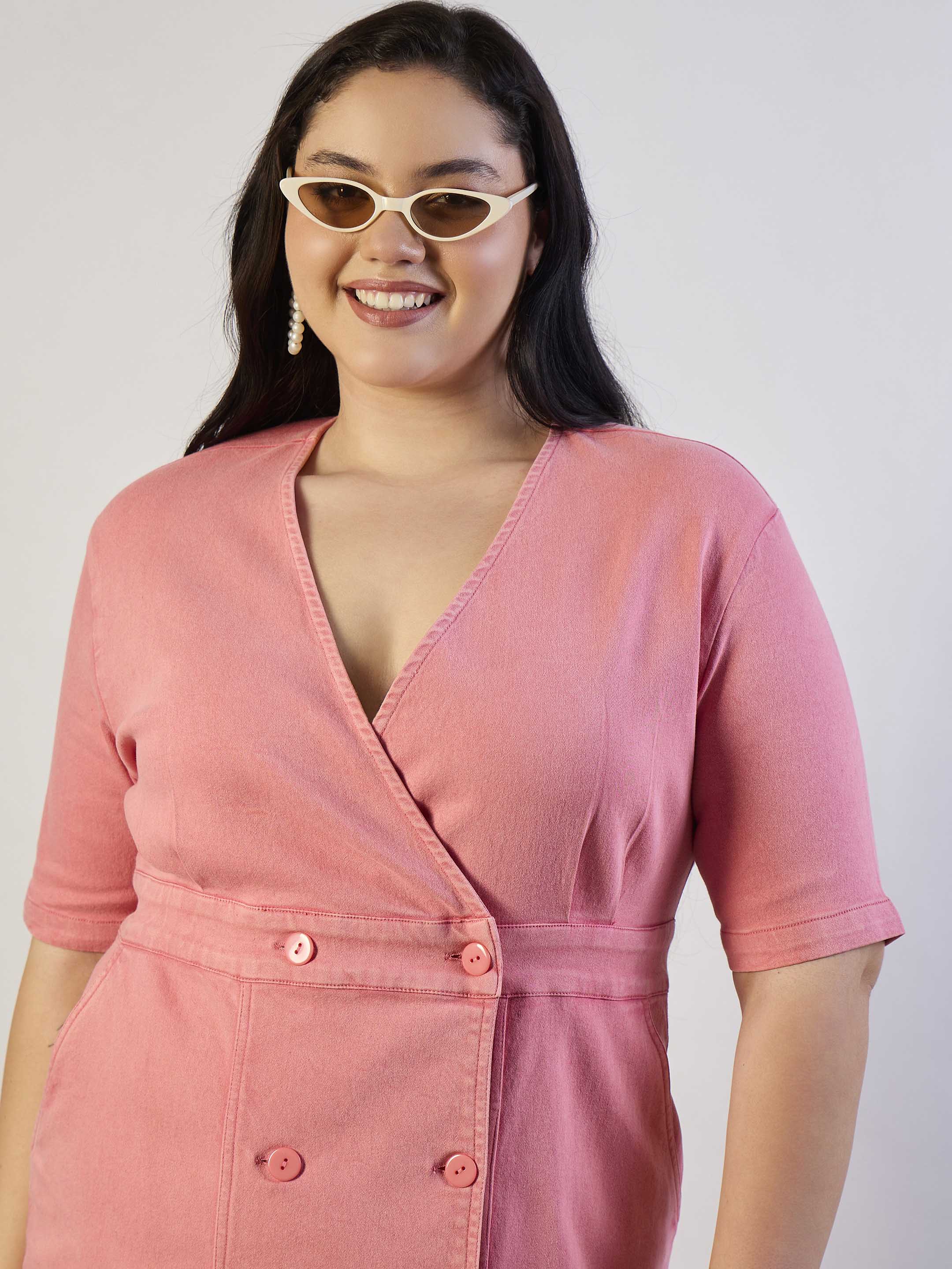 Women Pink Denim Wrap Neck Midi Dress-SFDRSS13294