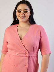 Women Pink Denim Wrap Neck Midi Dress-SFDRSS13294