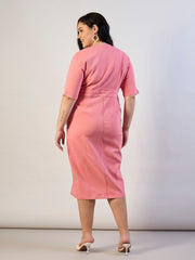 Women Pink Denim Wrap Neck Midi Dress-SFDRSS13294