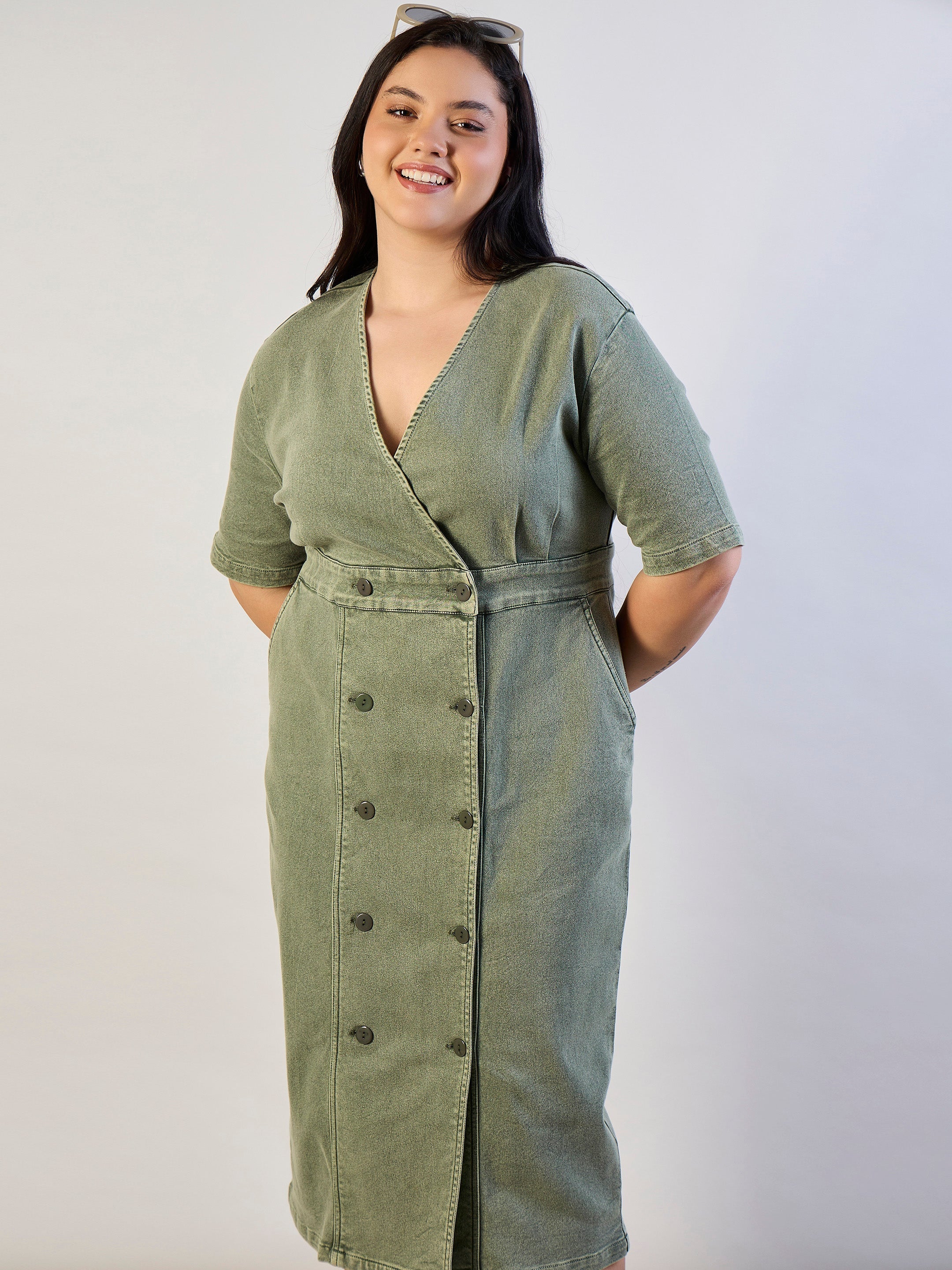 Women Olive Denim Wrap Neck Midi Dress-SFDRSS13295