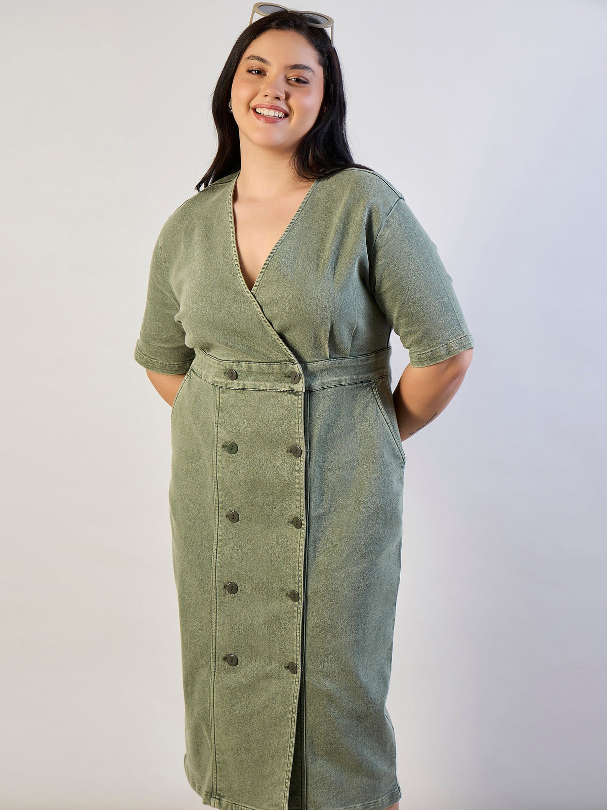 Women Olive Denim Wrap Neck Midi Dress-SFDRSS13295