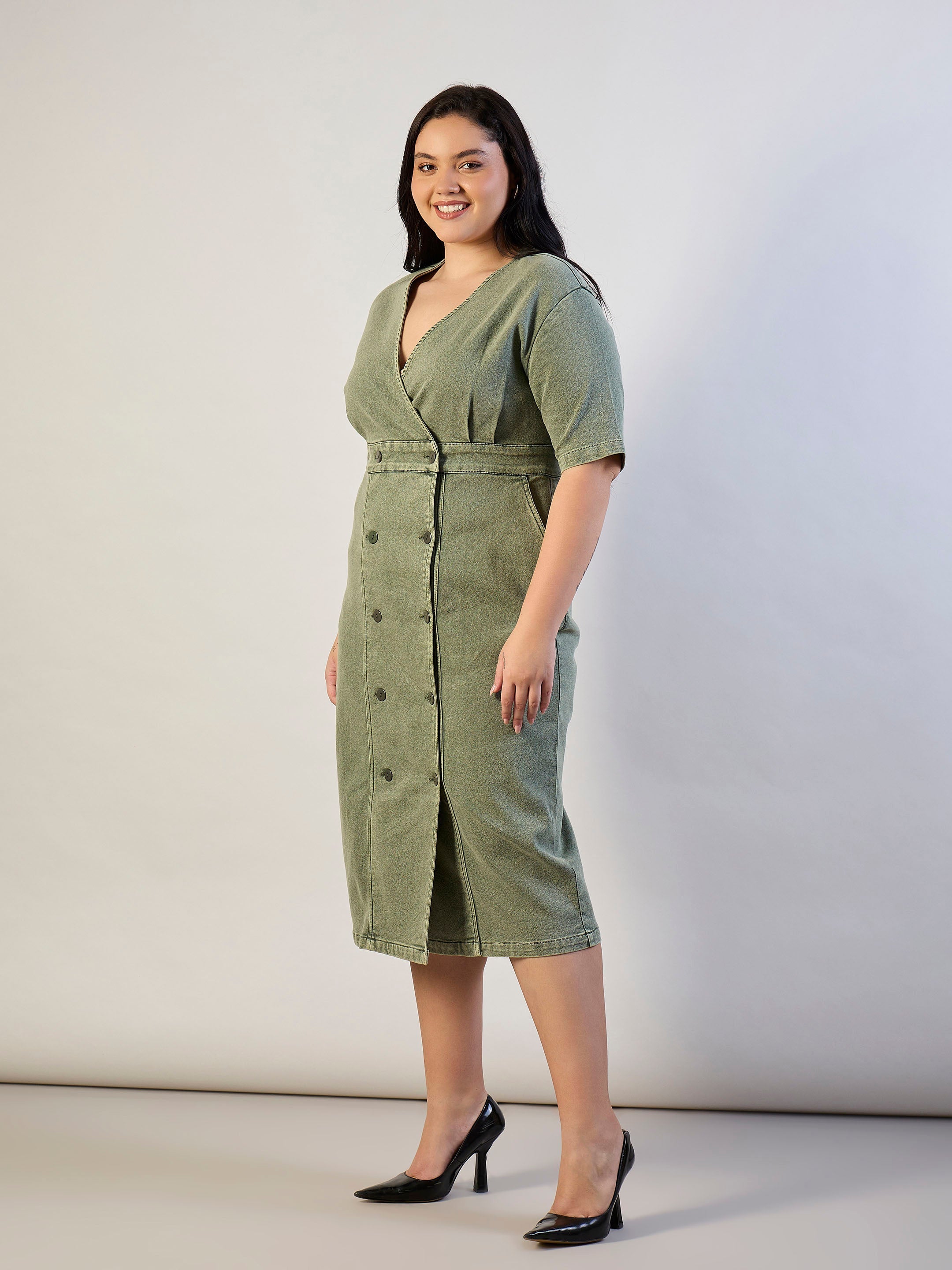 Women Olive Denim Wrap Neck Midi Dress-SFDRSS13295