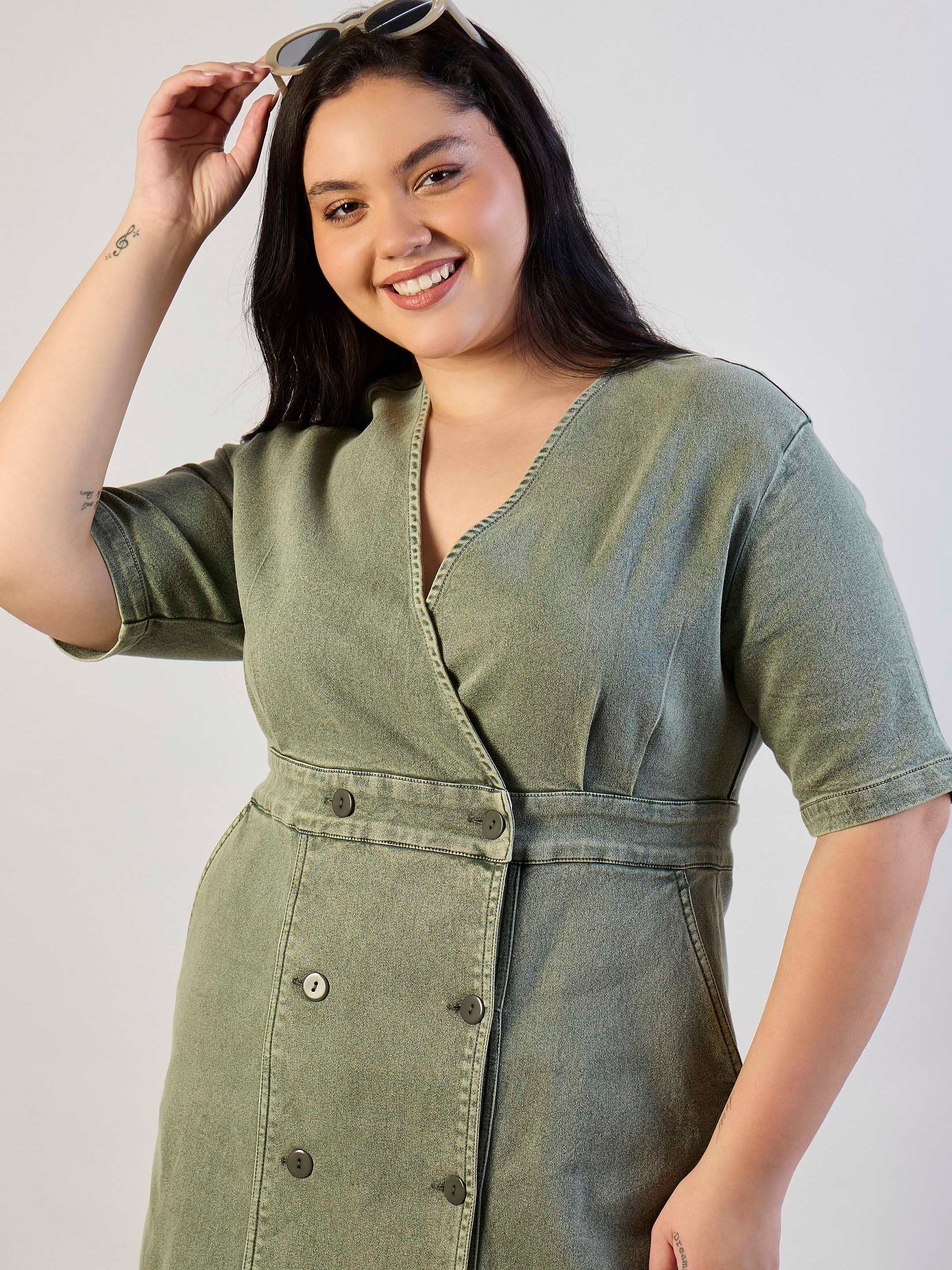 Women Olive Denim Wrap Neck Midi Dress-SFDRSS13295