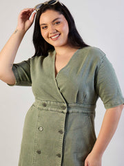 Women Olive Denim Wrap Neck Midi Dress-SFDRSS13295