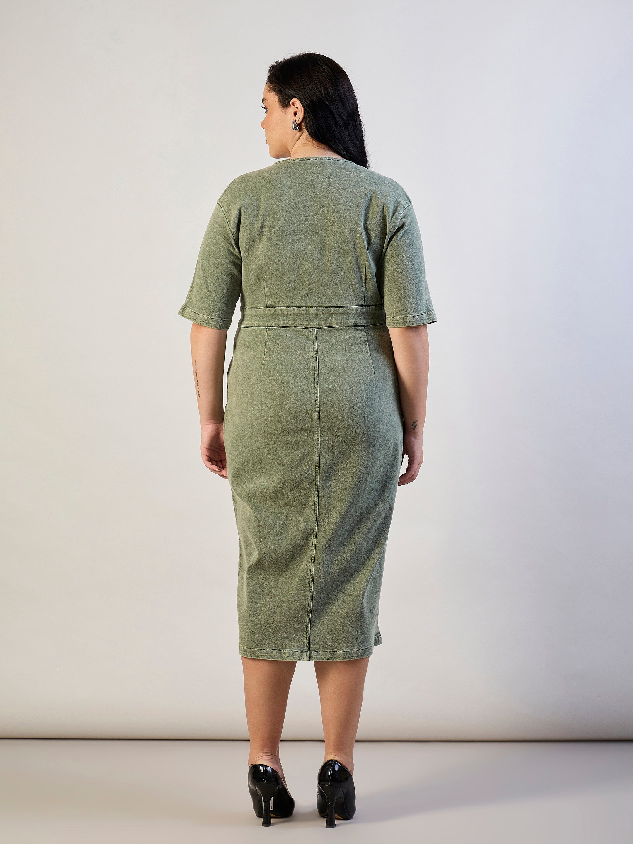 Women Olive Denim Wrap Neck Midi Dress-SFDRSS13295