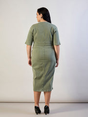 Women Olive Denim Wrap Neck Midi Dress-SFDRSS13295