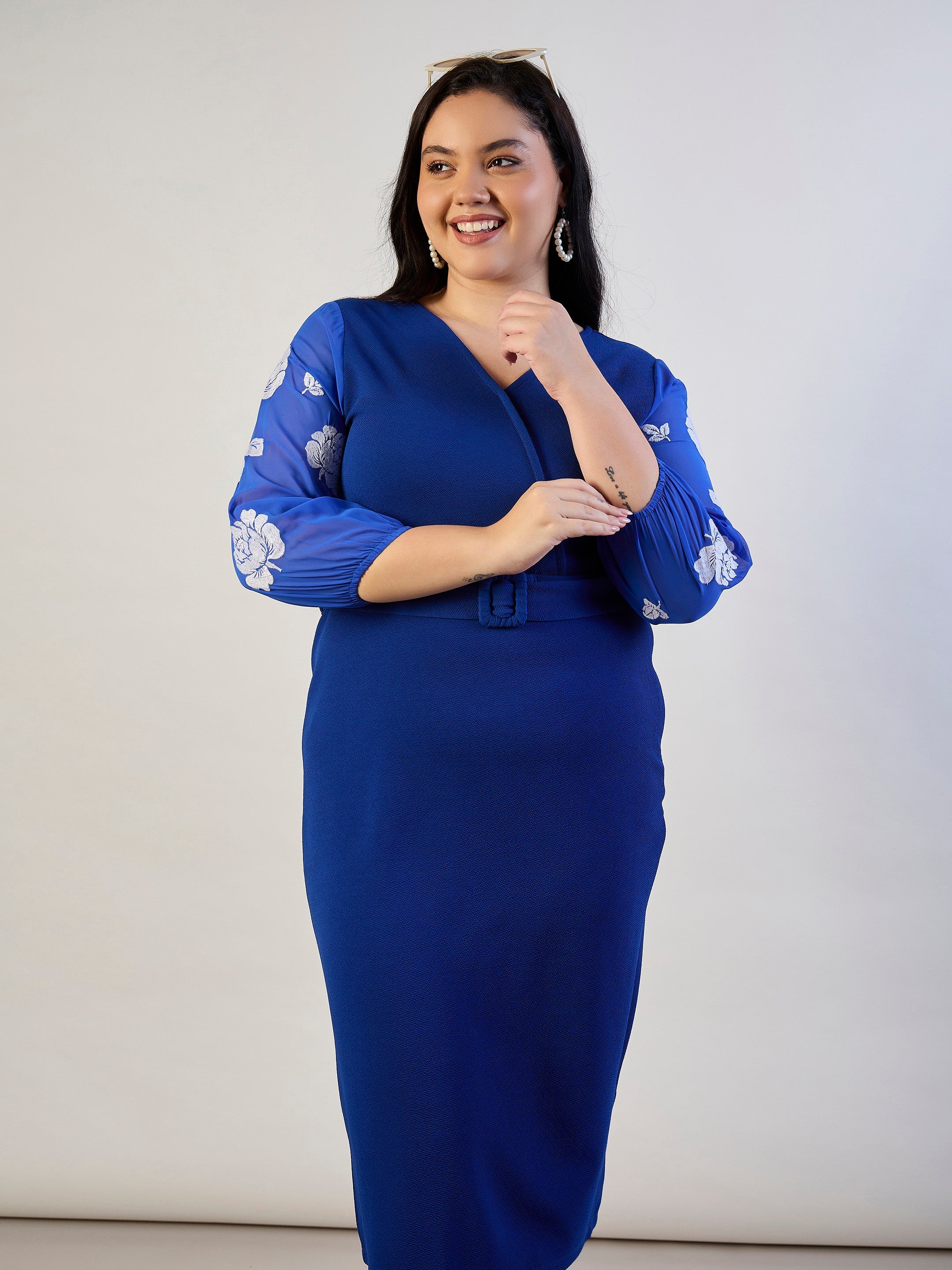 Women Royal Blue Balloon Sleeves Belted Bodycon Dress-SFDRSS13296
