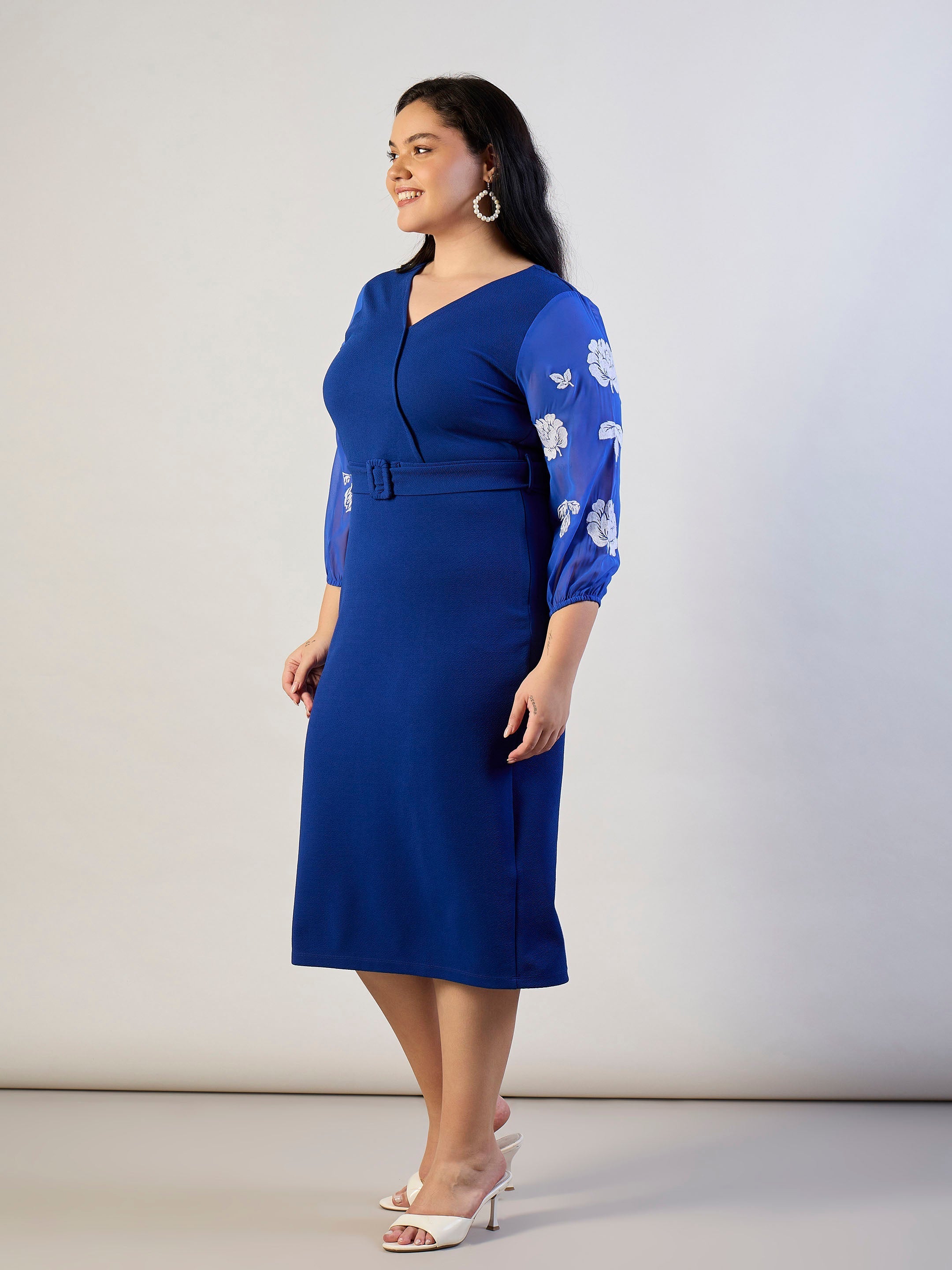 Women Royal Blue Balloon Sleeves Belted Bodycon Dress-SFDRSS13296