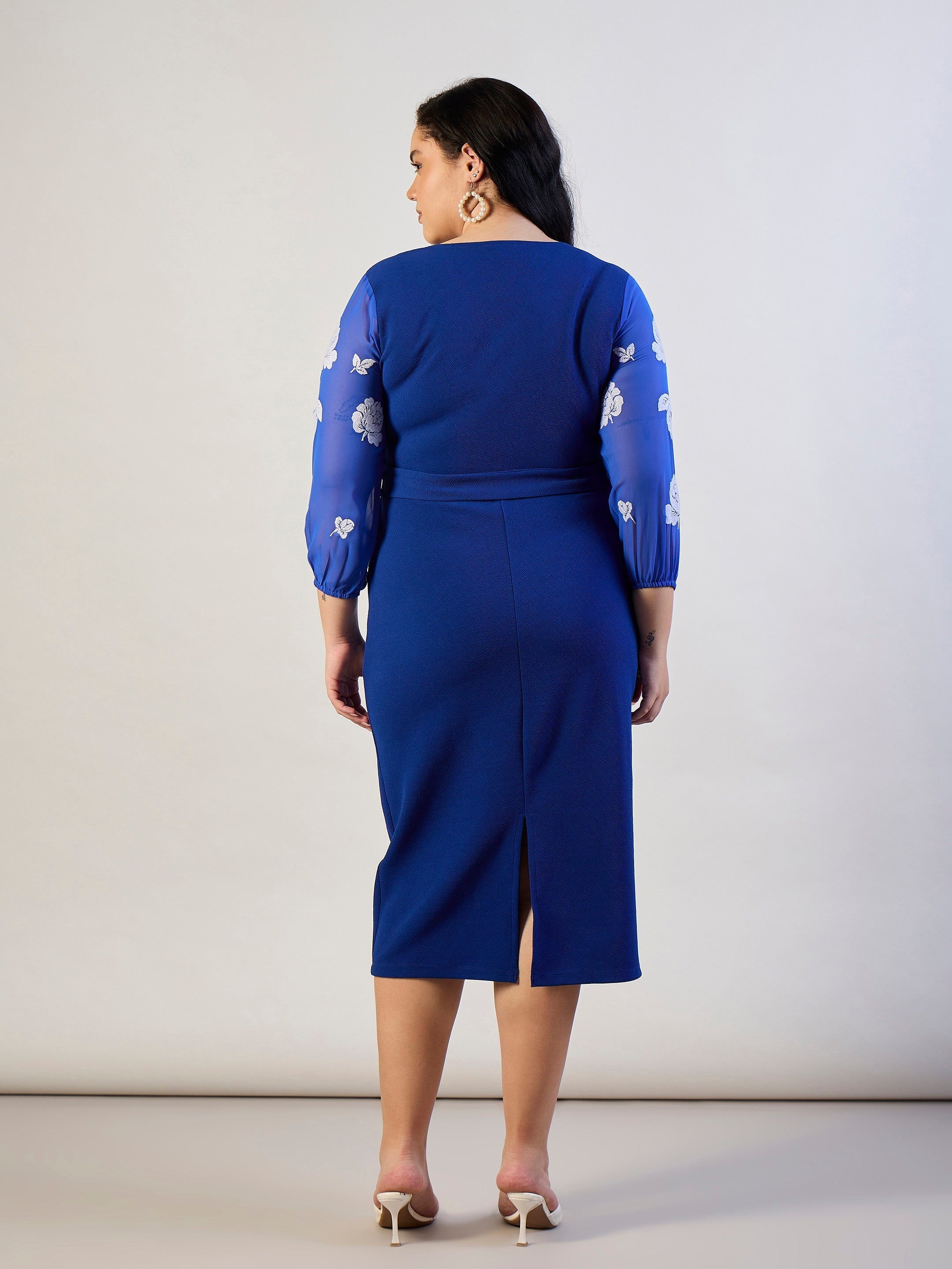 Women Royal Blue Balloon Sleeves Belted Bodycon Dress-SFDRSS13296